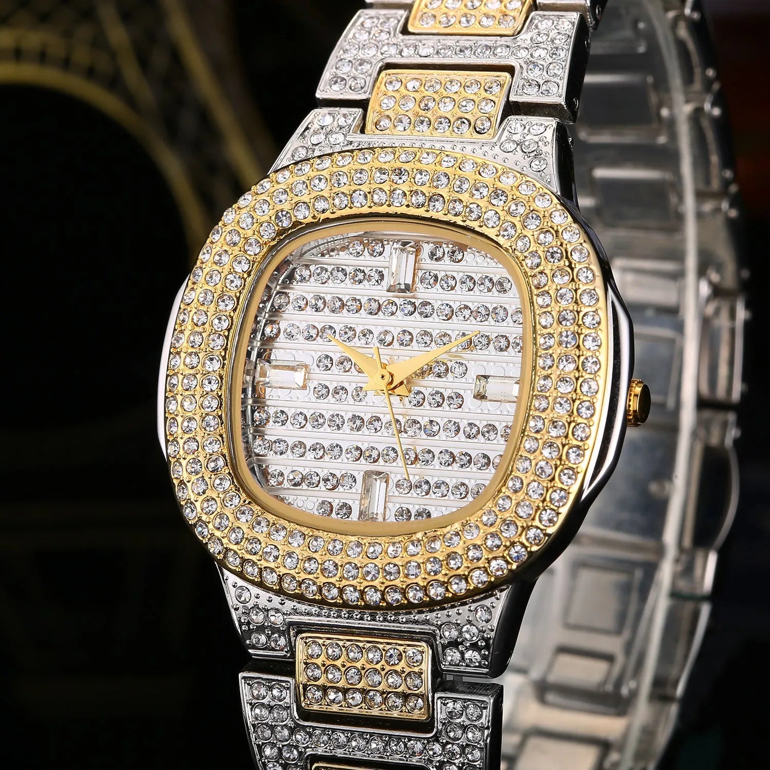 Fashion diamond watch with 37mm alloy strap dial and butterfly clasp on wrist