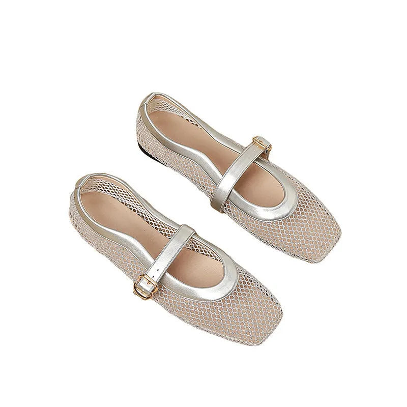 Women's breathable mesh hollow out pumps with buckle fastening and low flat heel