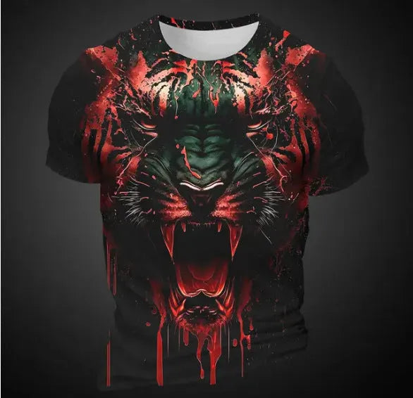 Men's grey T-shirt with detailed 3D tiger pattern print on front, short sleeves, pullover style