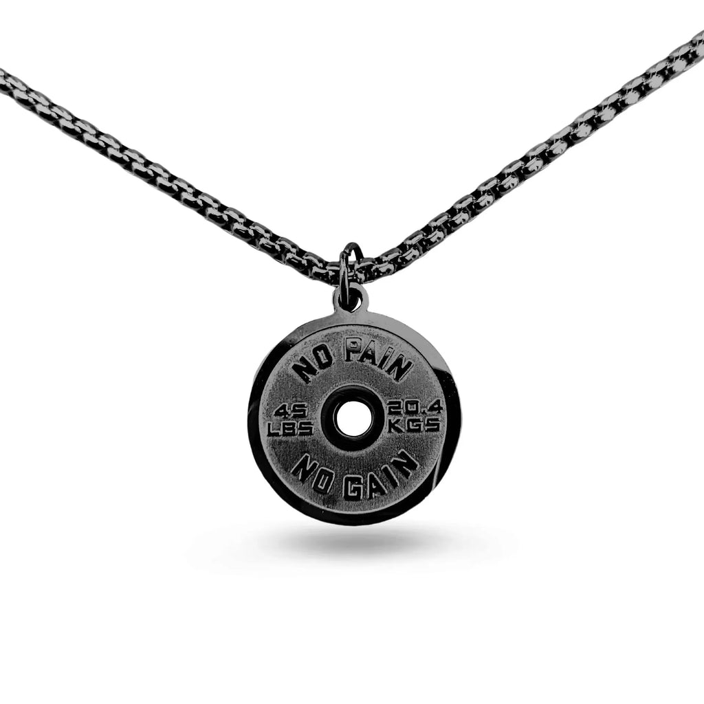 Stainless steel barbell disk pendant necklace on 60cm chain with geometric weightlifting design