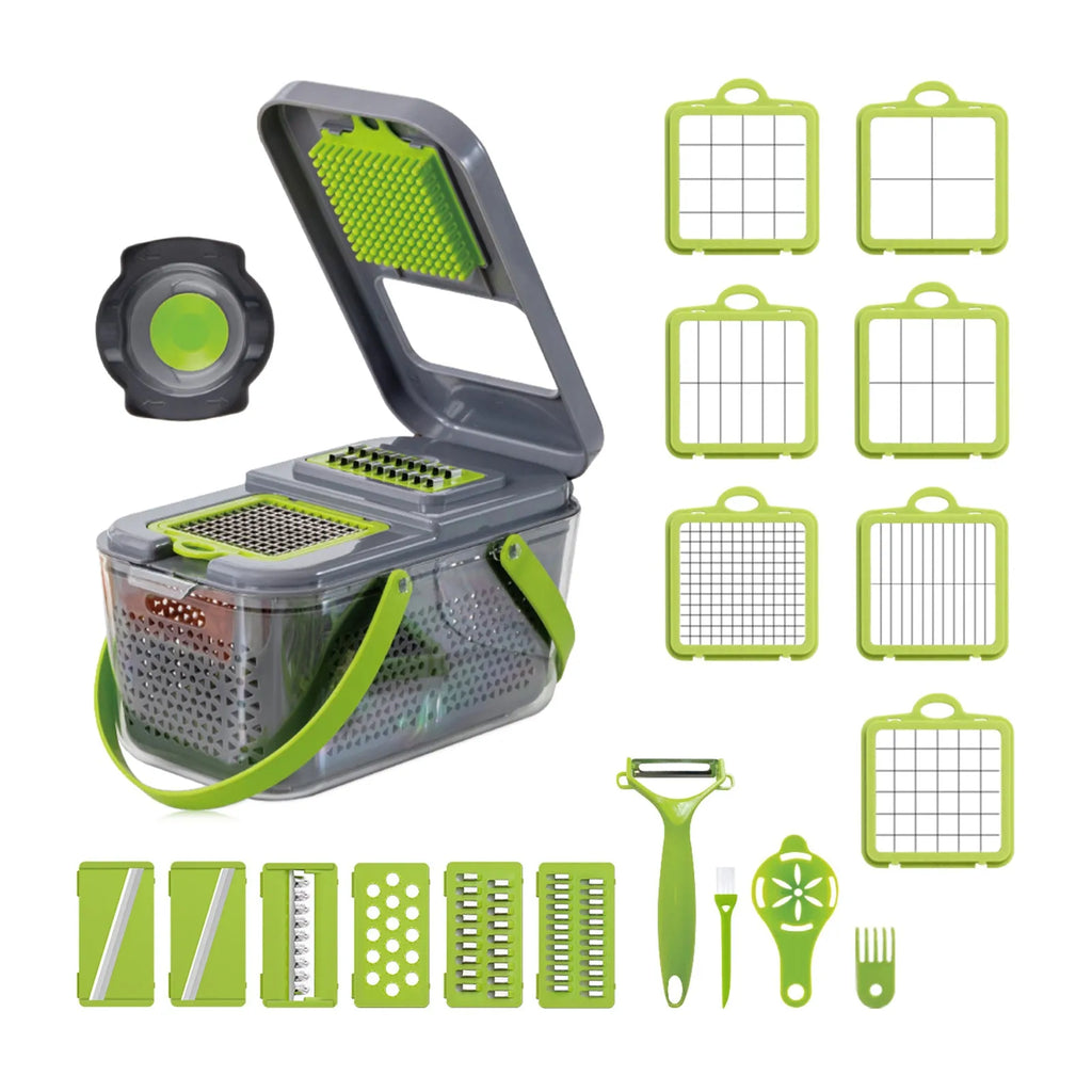 Grey multifunctional vegetable cutter with stainless steel blades, foldable compartments, and a large container on a kitchen counter