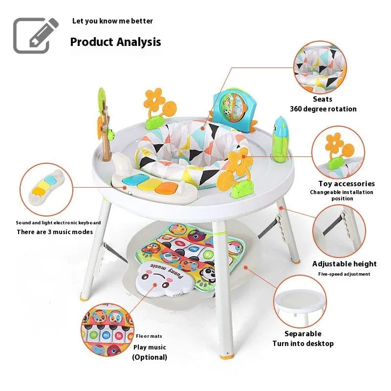 Baby jumping chair with three-in-one function as gymnastic rack, featuring interactive toys for ability training