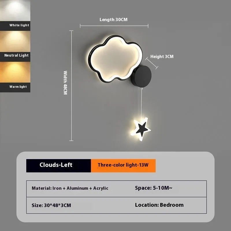 Five-pointed star shaped wall lamp with a cartoon cloud design, available in black or white.