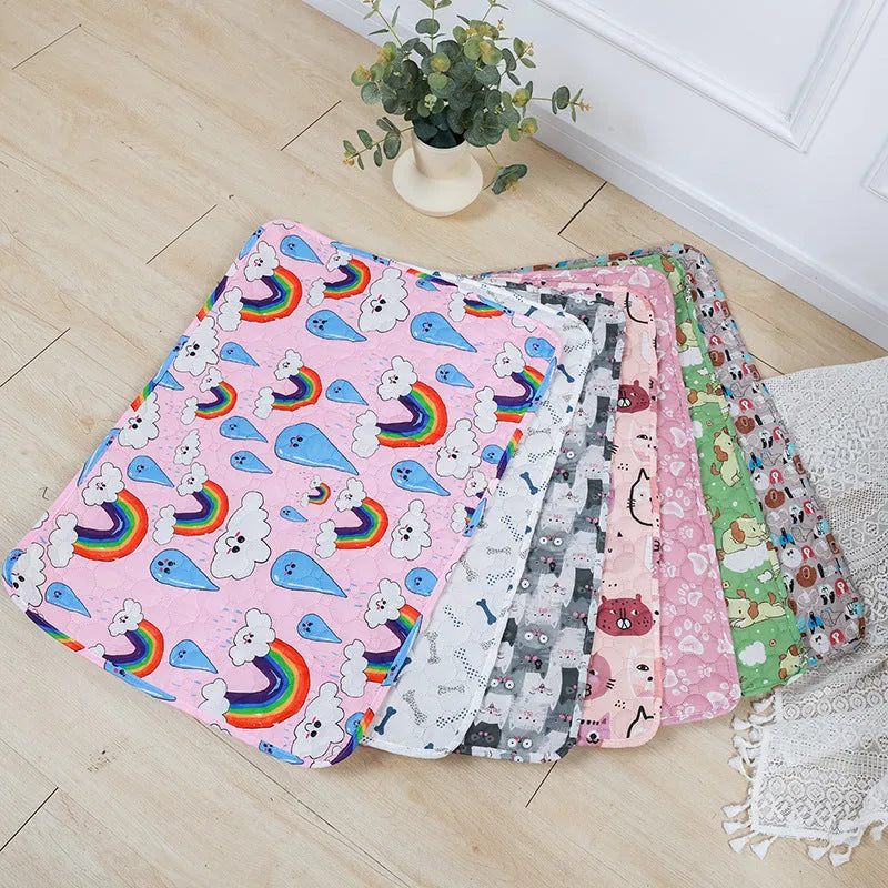 Reusable waterproof pet training pad showing colour pattern options and non-slip backing