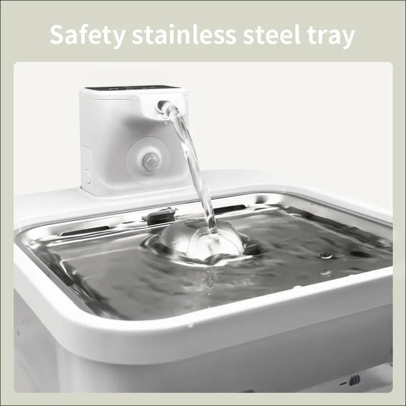 Intelligent self-circulating rechargeable wireless pet water dispenser in white with stainless steel tray