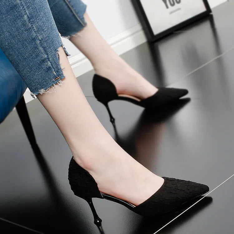 Women's black pointed-toe stiletto high heel shoes with a 6-8cm heel
