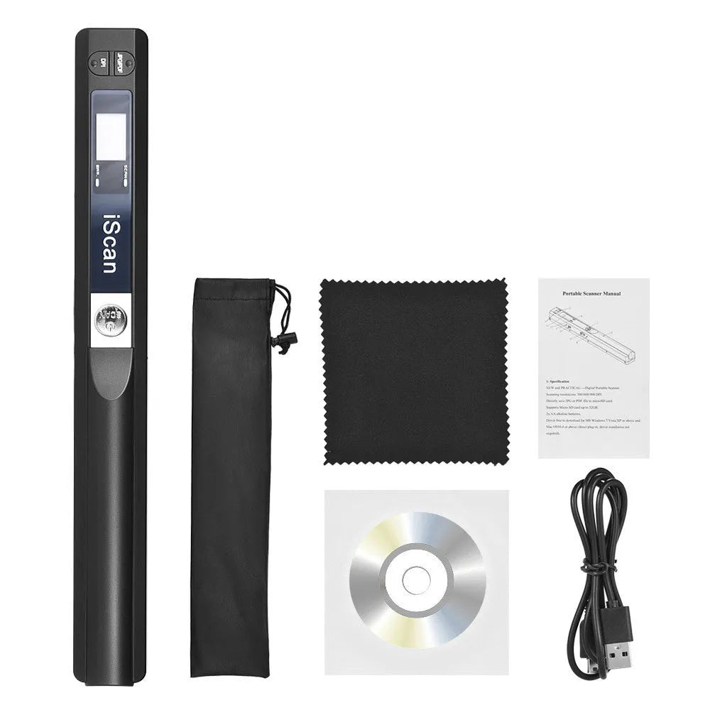 Handheld plastic scanner in multiple colours including black, blue, green, red, and silver with a USB cable.