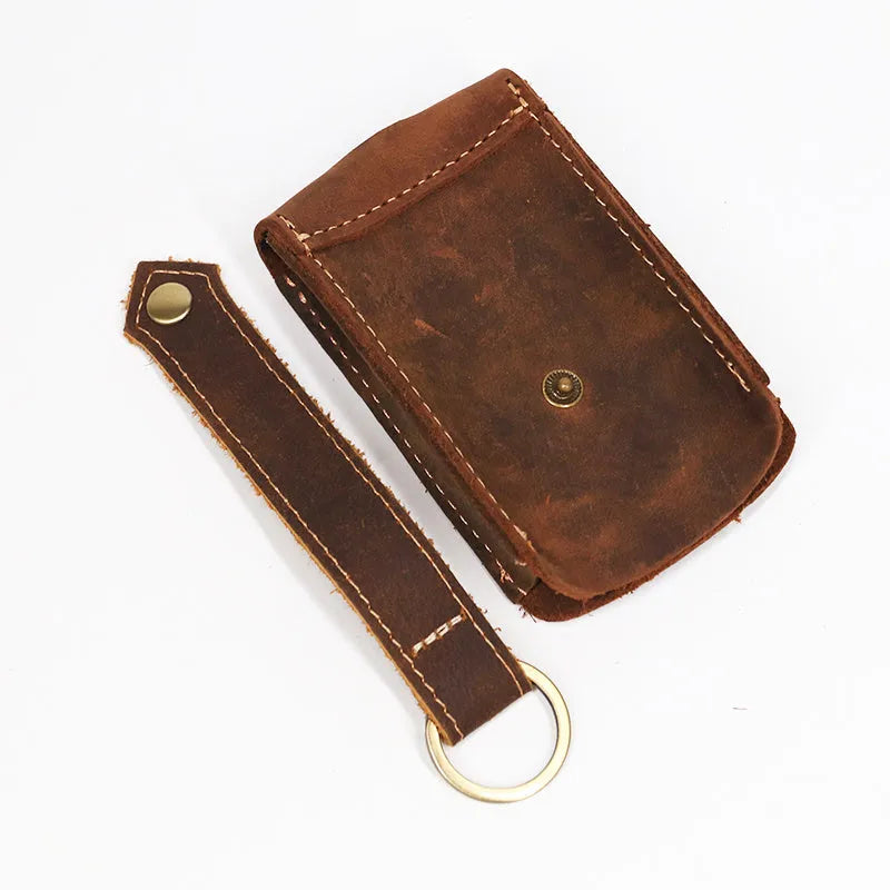 Crazy horse leather key case in dark brown, 7cm by 11.5cm, compact key organiser