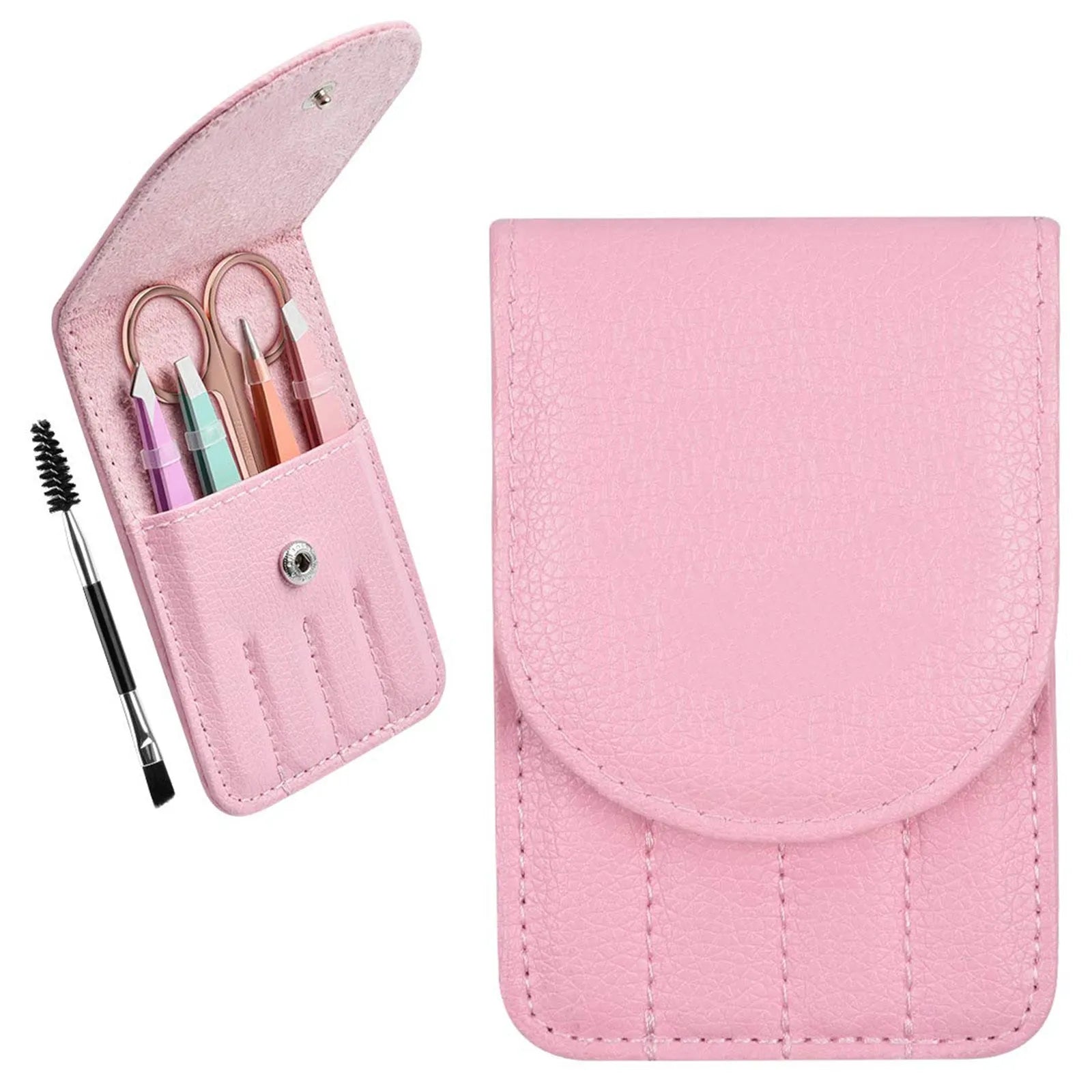 Professional 6-piece stainless steel eyebrow tweezers set with curved scissors in leather case
