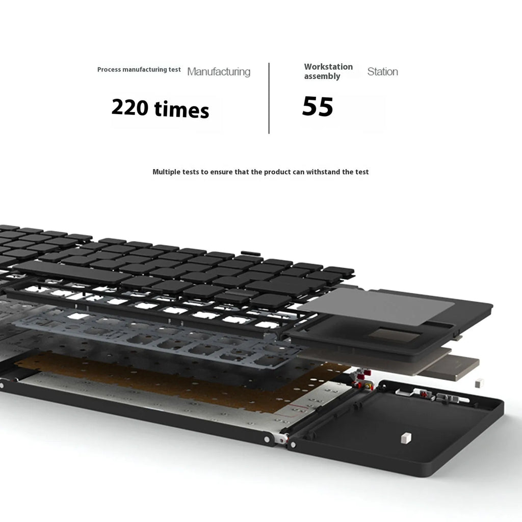 Tri-fold Bluetooth keyboard shown in black and silver colours with thin 0.8cm profile