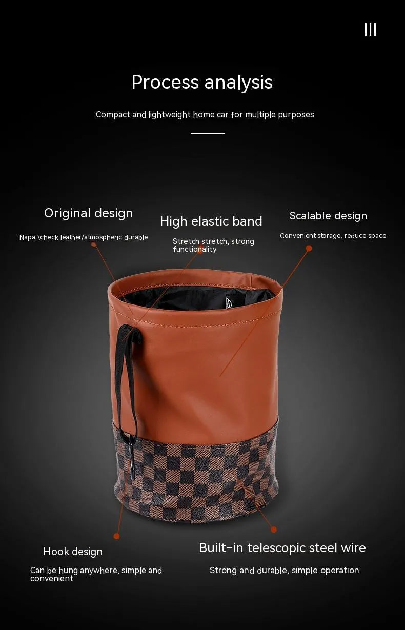 Black retractable leather car trash can with carry handle, shown folded and expanded