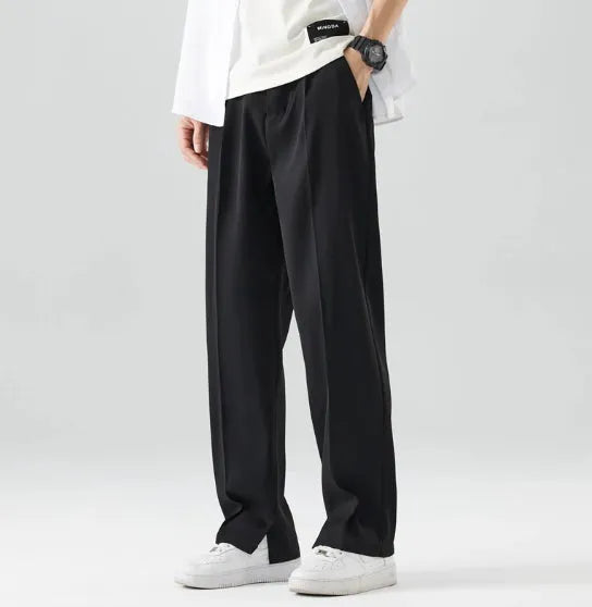 Men's loose straight ice silk casual pants in washed finish, available in apricot and black, with straight leg cut