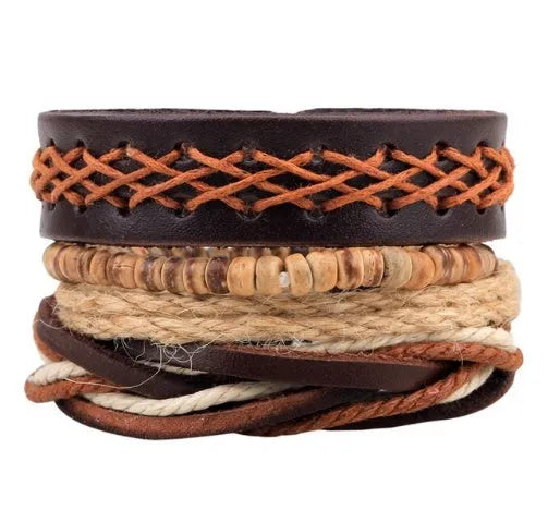 Hand-woven brown leather wrap bracelet with wooden beads on a 6cm adjustable band.