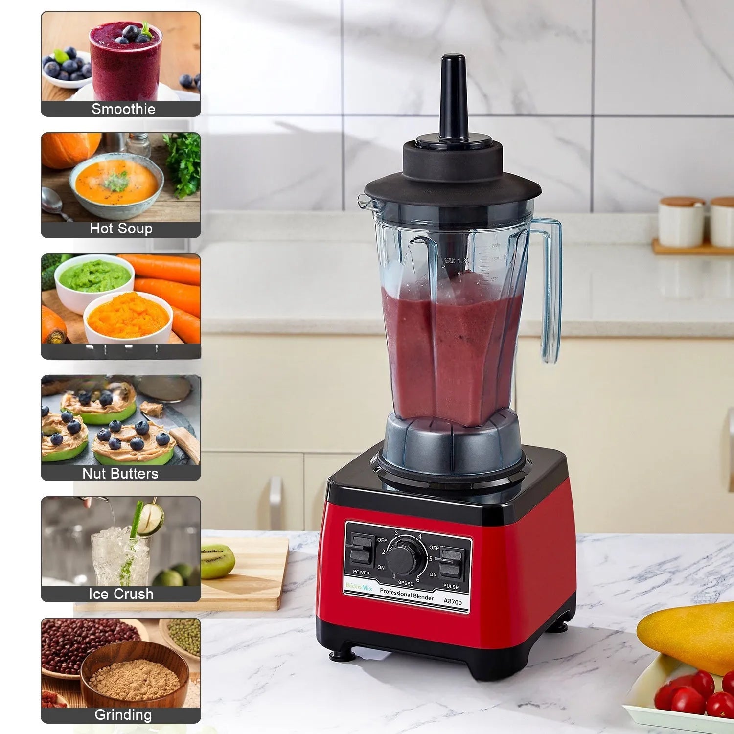 Red industrial-style commercial blender with 2200W motor and 2-litre jug.