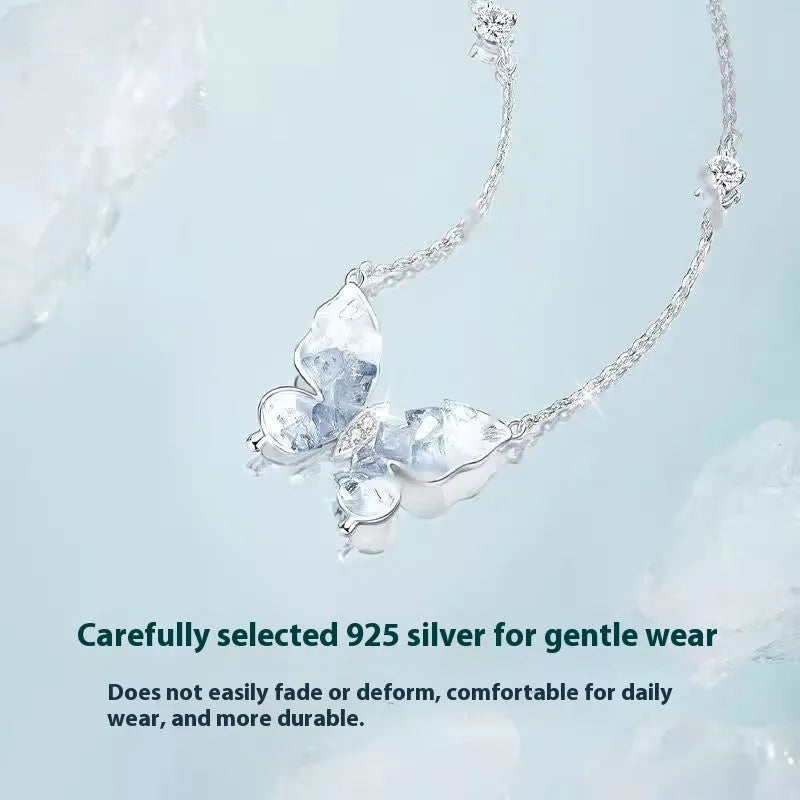 S925 silver butterfly necklace with ice rain design pendant on adjustable O-ring chain