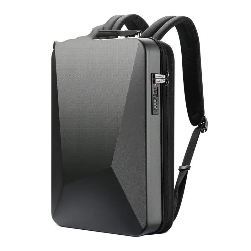 Large black PC hard shell gaming backpack with dual shoulder straps and a lock closure.