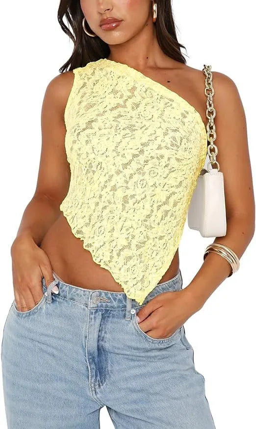 Women's slim fit lace backless sleeveless top with asymmetrical neckline in solid colour