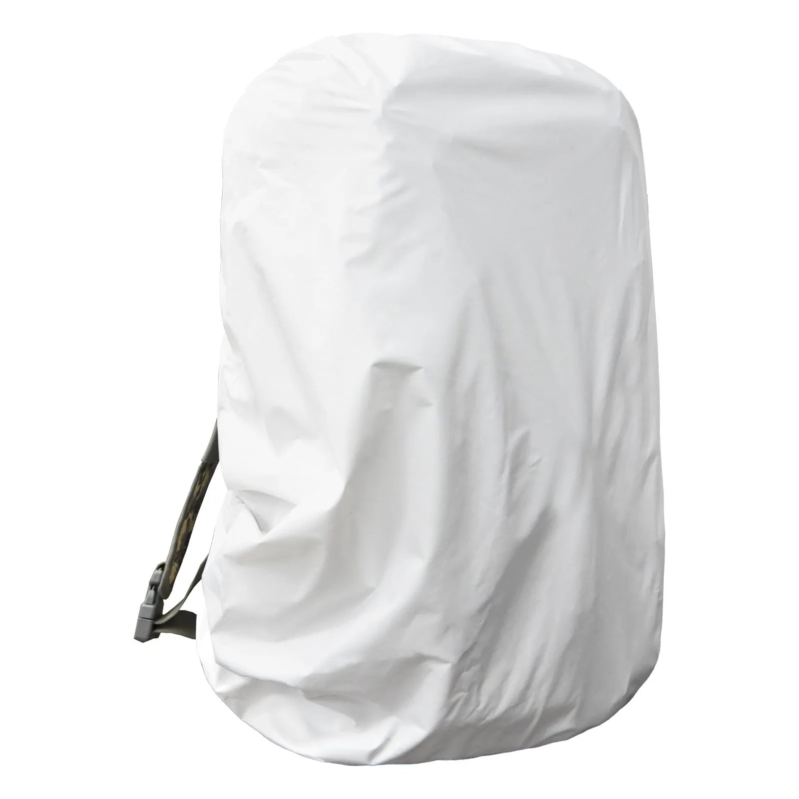 Army green waterproof rain cover fitted over a large 80-litre hiking backpack outdoors.
