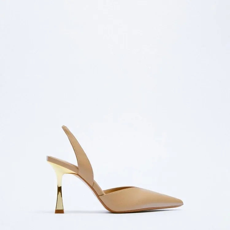 Women's patent leather high heels in apricot with pointed toe and shallow mouth design