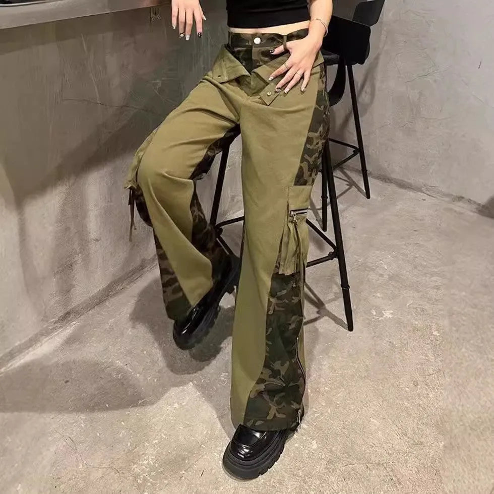 Women's dark khaki leopard print high waist straight leg jeans with tooling style collage stitching