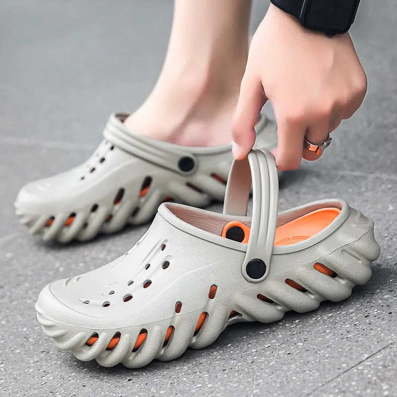 Men's beige hollow out design EVA slippers sandals with round toe and non-slip sole