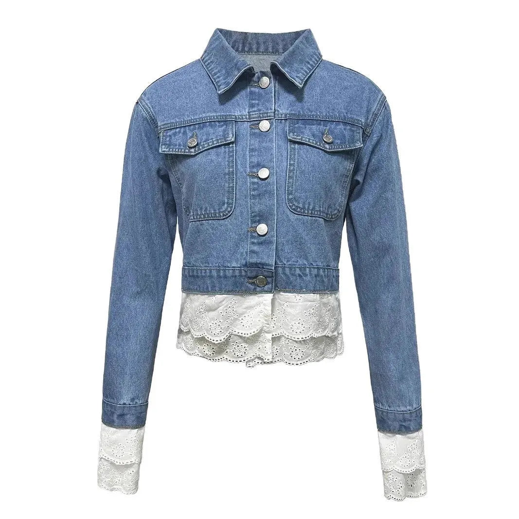 Blue women's denim jacket with lace stitching detail on the sleeves and front, featuring long sleeves.