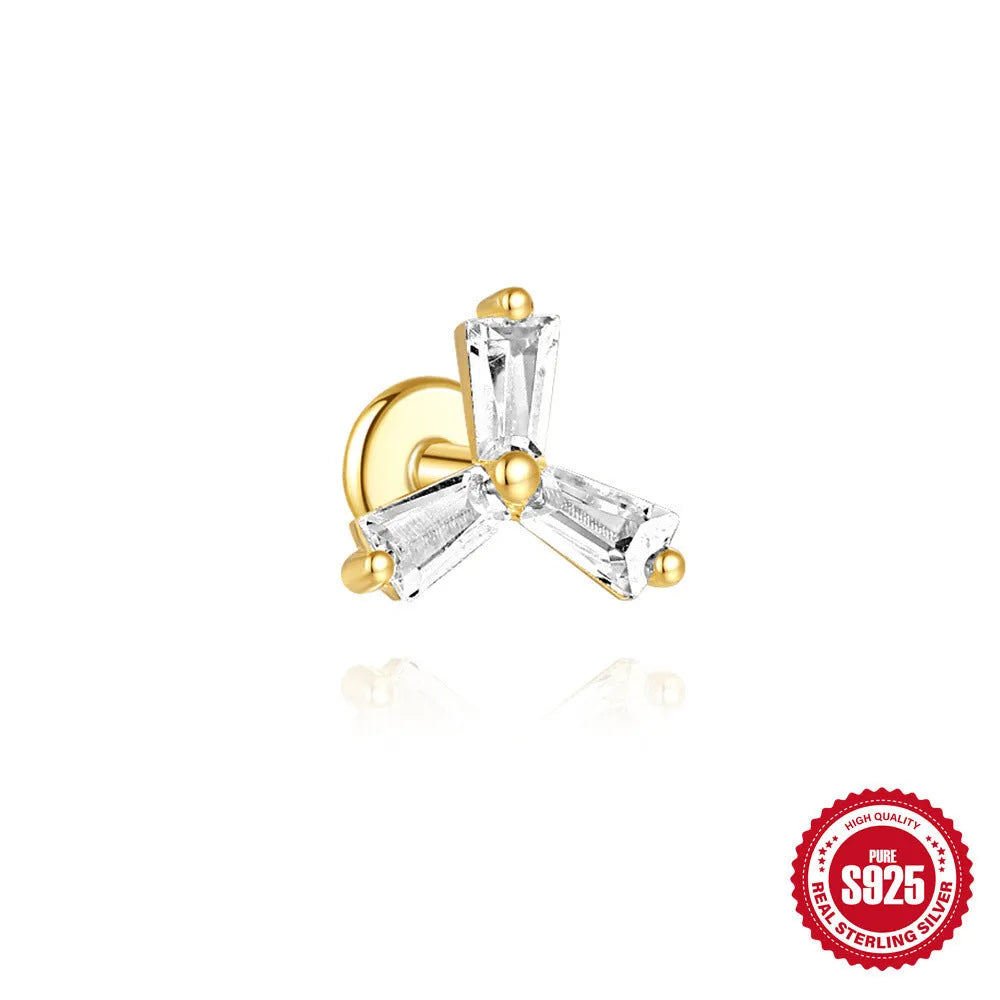 S925 sterling silver geometric stud earrings with inlaid zircon in golden clover, crown, and chain designs.