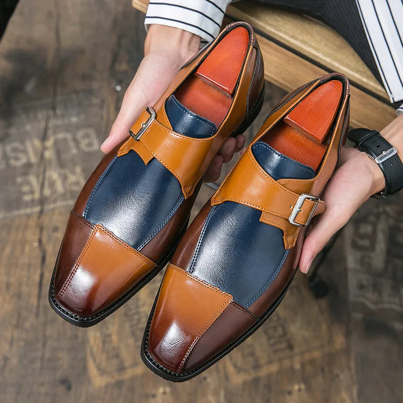 Men's brown blue retro buckle casual leather shoes with tall crown upper and breathable microfiber construction