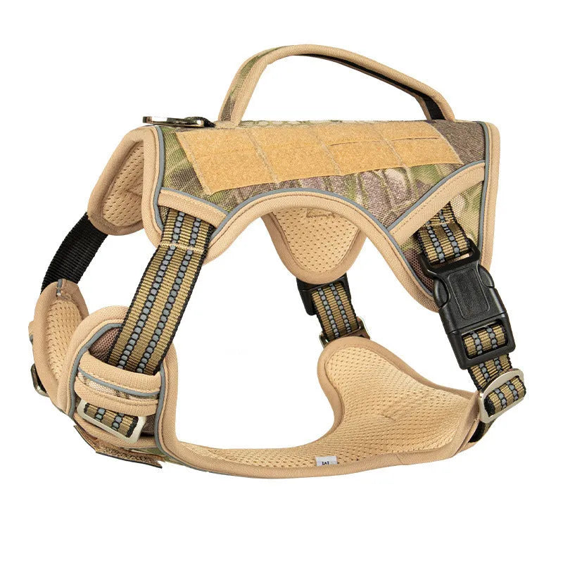 Tactical dog chest harness in Oxford cloth for search and rescue work, shown in camouflage colour.