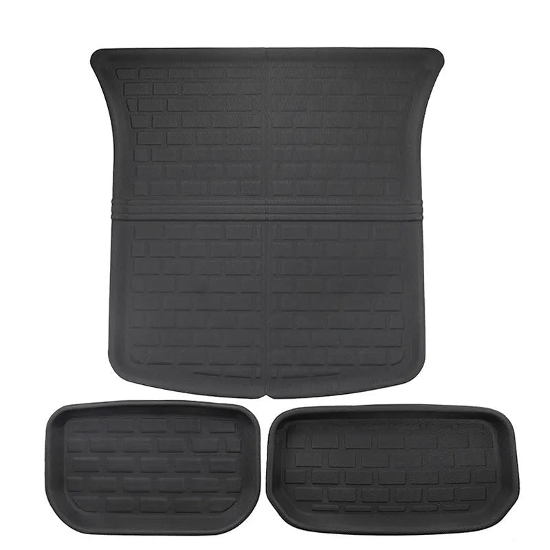 TPR floor mat set for Tesla Model Y showing foot mats, tailbox mats, and storage box mats