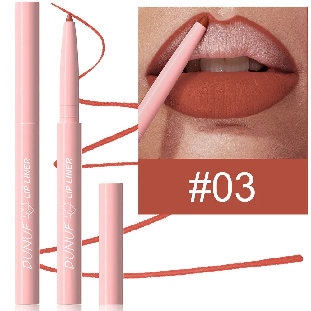 Matte velvet lip liner pencil showing 12 colour shades from nude to plum
