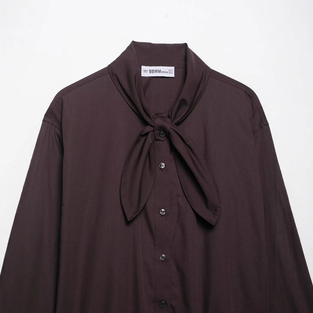 Brown women's poplin shirt with bow tie scarf detail and long sleeves
