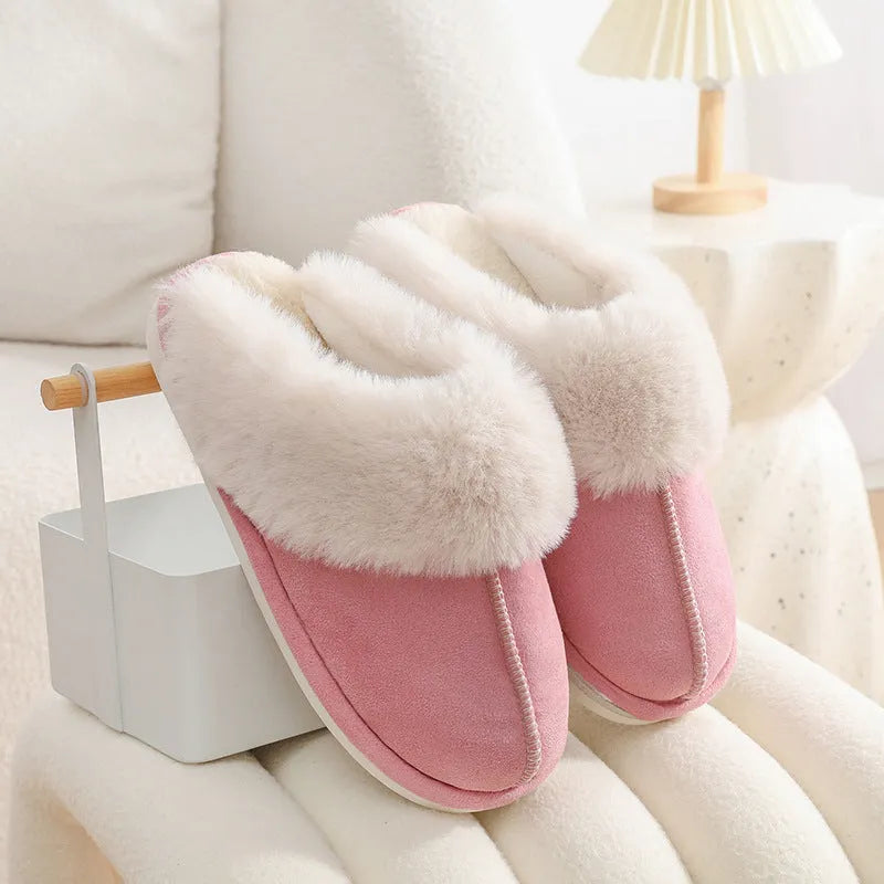 Women's plush indoor slippers with round toe, flat heel, and PVC sole in multiple colour options