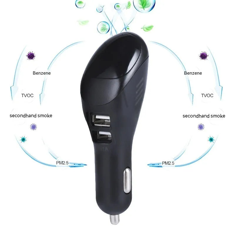 White car USB charger with integrated negative ion purifier showing compact dimensions