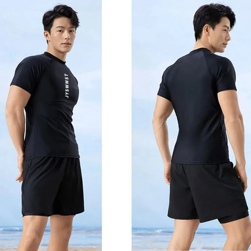 Men's plus size polyester swimsuit set showing top and trousers on a hanger