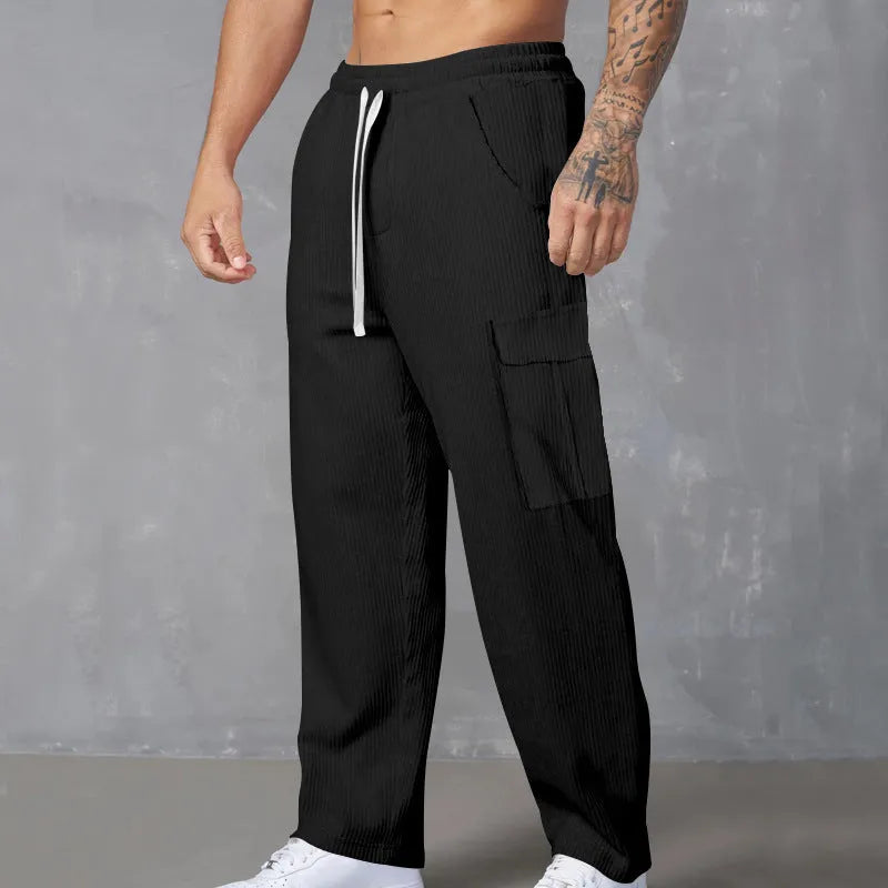 Men's corduroy cargo trousers in wide-leg straight fit with drawstring waist in multiple colour options