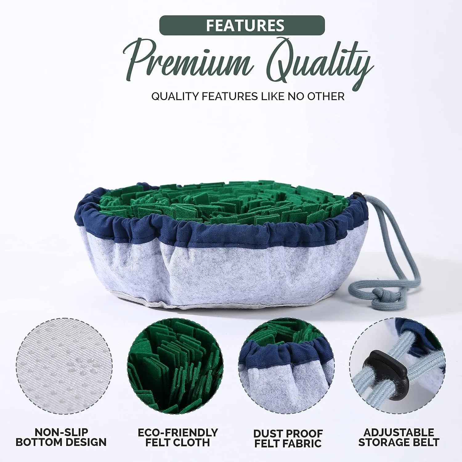 Blue adjustable foldable snuffle mat for dogs showing treat hiding pockets and non-slip backing