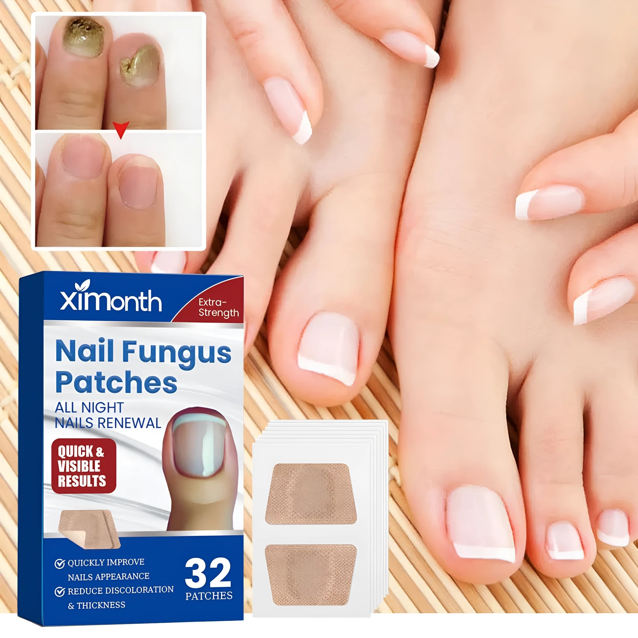 Box of 32 nail repair adhesive bandages measuring 6.1 x 3.5 cm for cracked and damaged nails