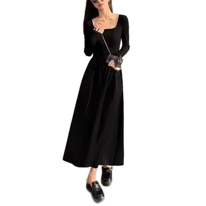 Women's square collar knitted dress with elastic waist and A-line midi skirt