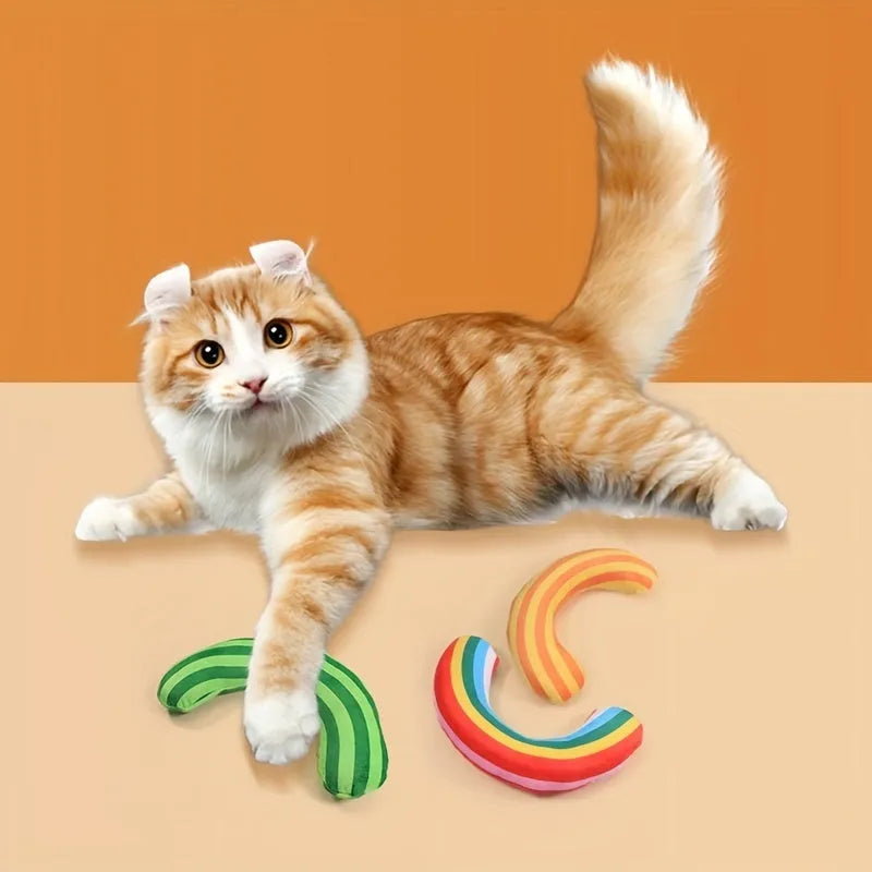 Green cat toy set containing a noise maker with catnip and a small striped pillow on a neutral background