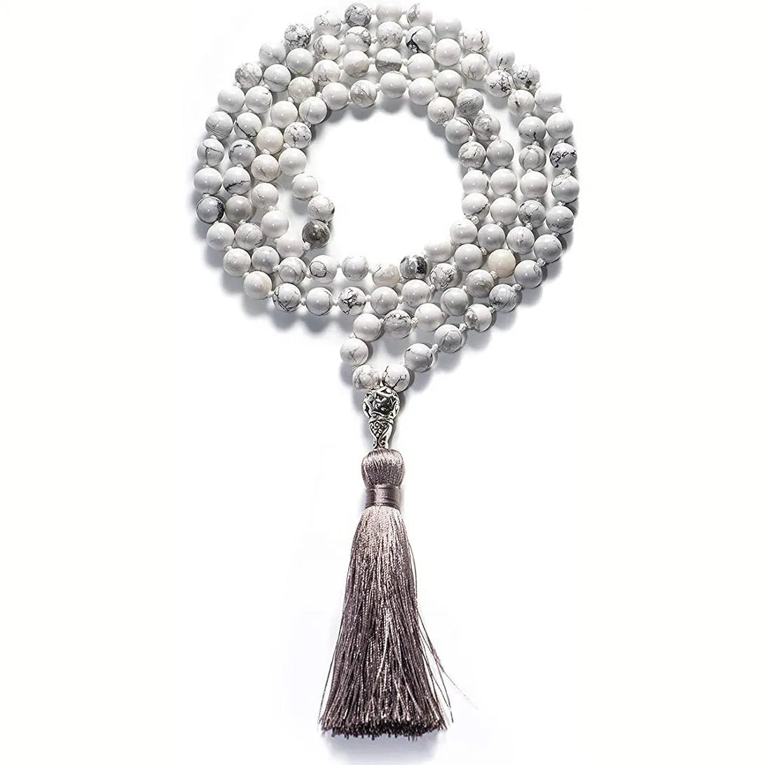 Geometric agate tassel necklace in a choice of ten colours including blue stone and amethyst, shown at full 95-100cm length.