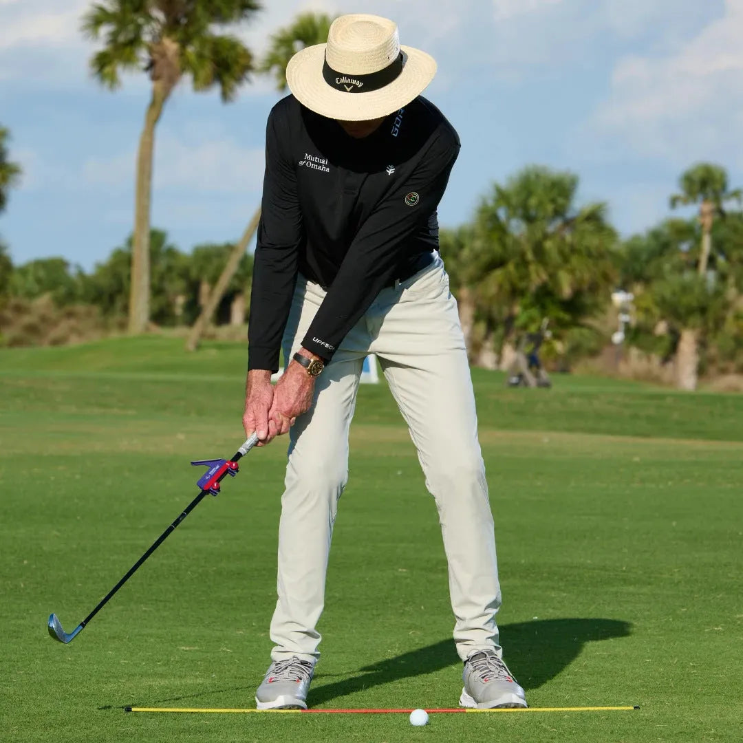 Golf swing plane simulator training aid in plastic construction with logo option visible
