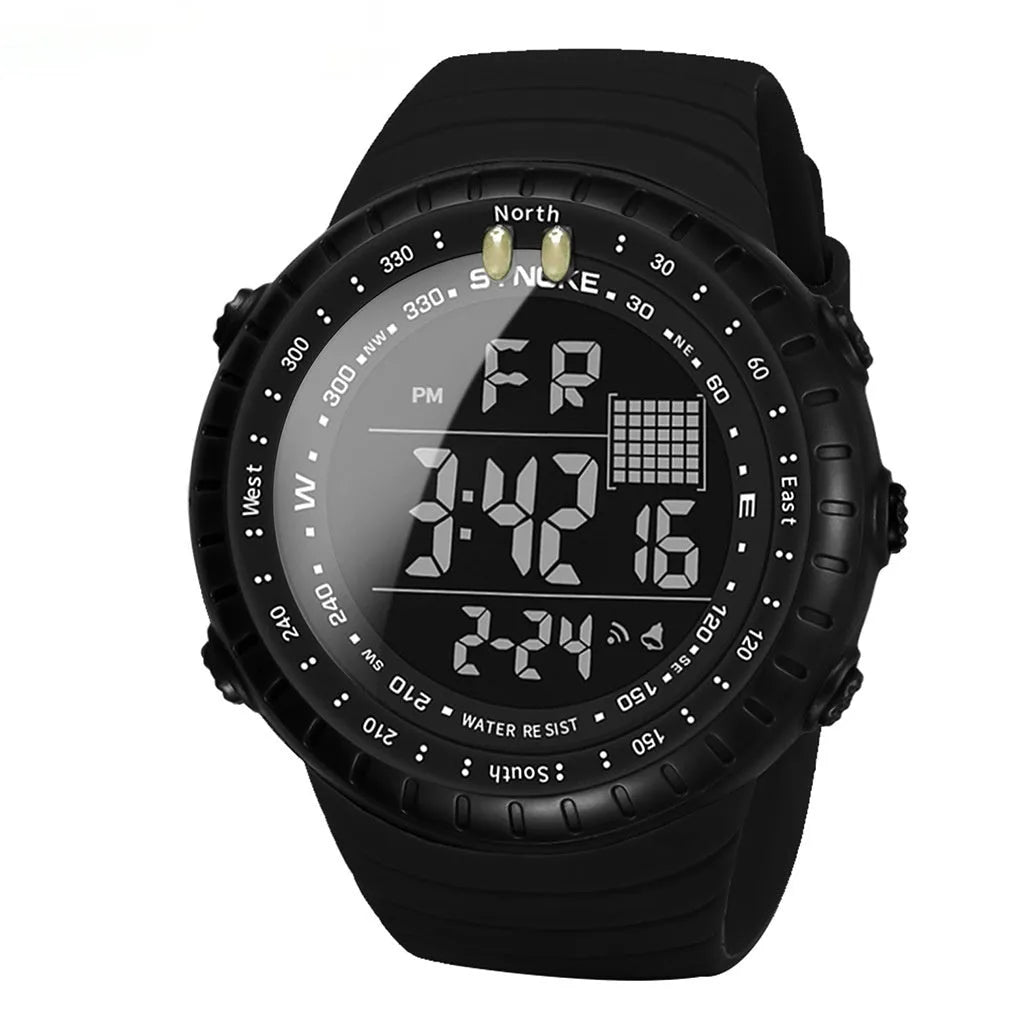 Black men's outdoor electronic watch with large dial showing WR50M waterproof rating on PU strap