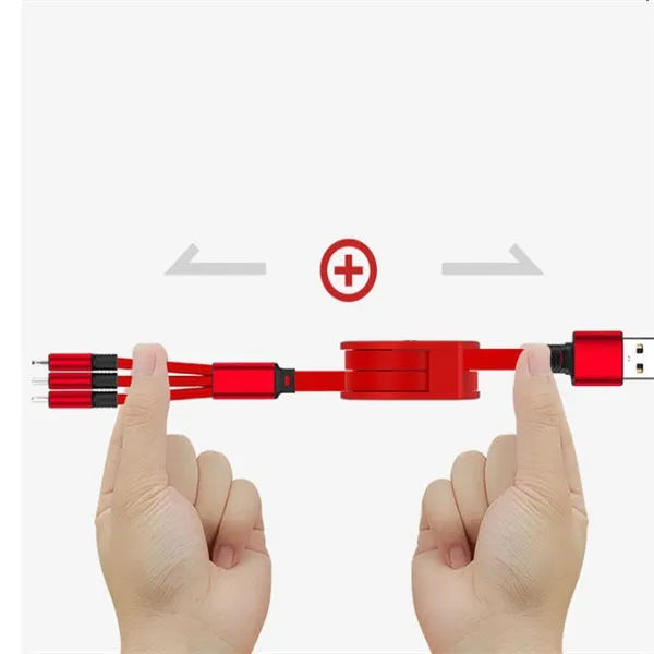 Telescopic 3-in-1 charging cable shown extended to 120 cm, with TPE wire and titanium alloy connectors.