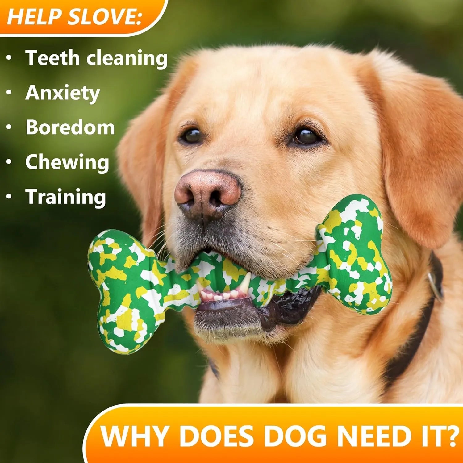 Green, white and yellow camouflage pattern natural rubber dog chew toy for large breeds