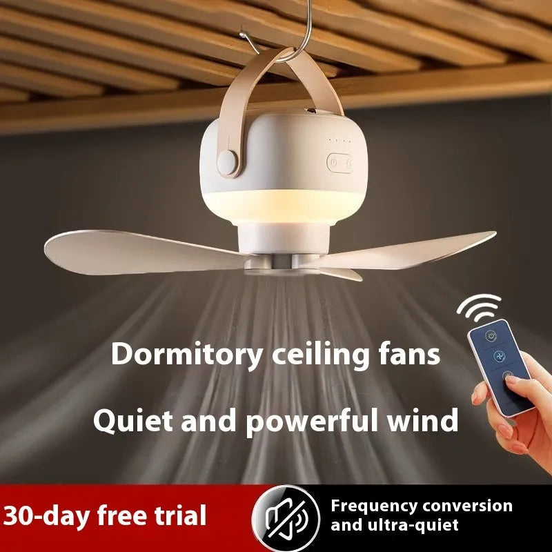Small white rechargeable ceiling fan with remote control and strap for camping.