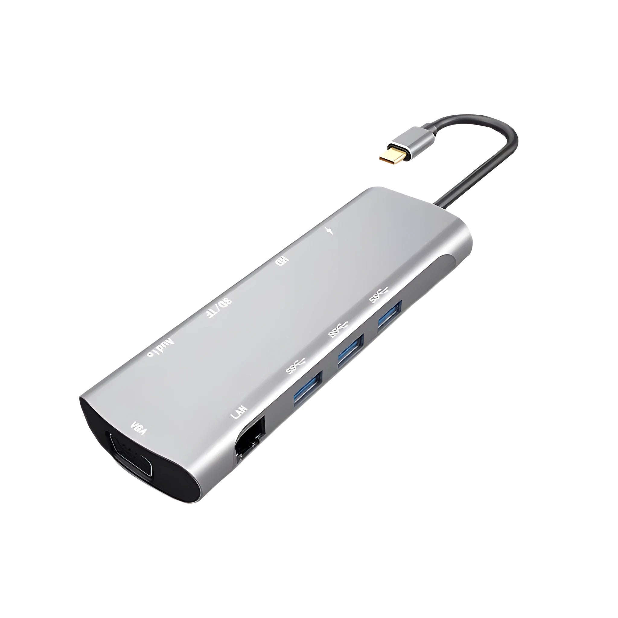 Grey USB-C docking station with HDMI, VGA, and USB 3.0 ports on aluminium alloy body