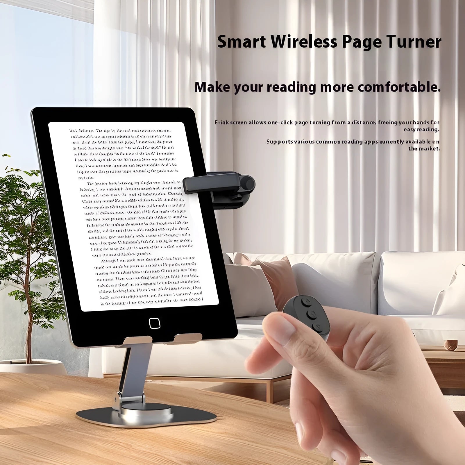 Smart wireless page turner remote with clicker accessory in black, white, or pink colours.