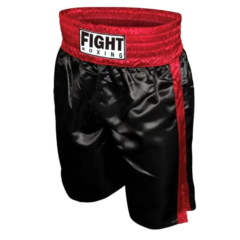 Boxing shorts for kick boxing training in various colour combinations like black and white striped, black and gold, and black and red.