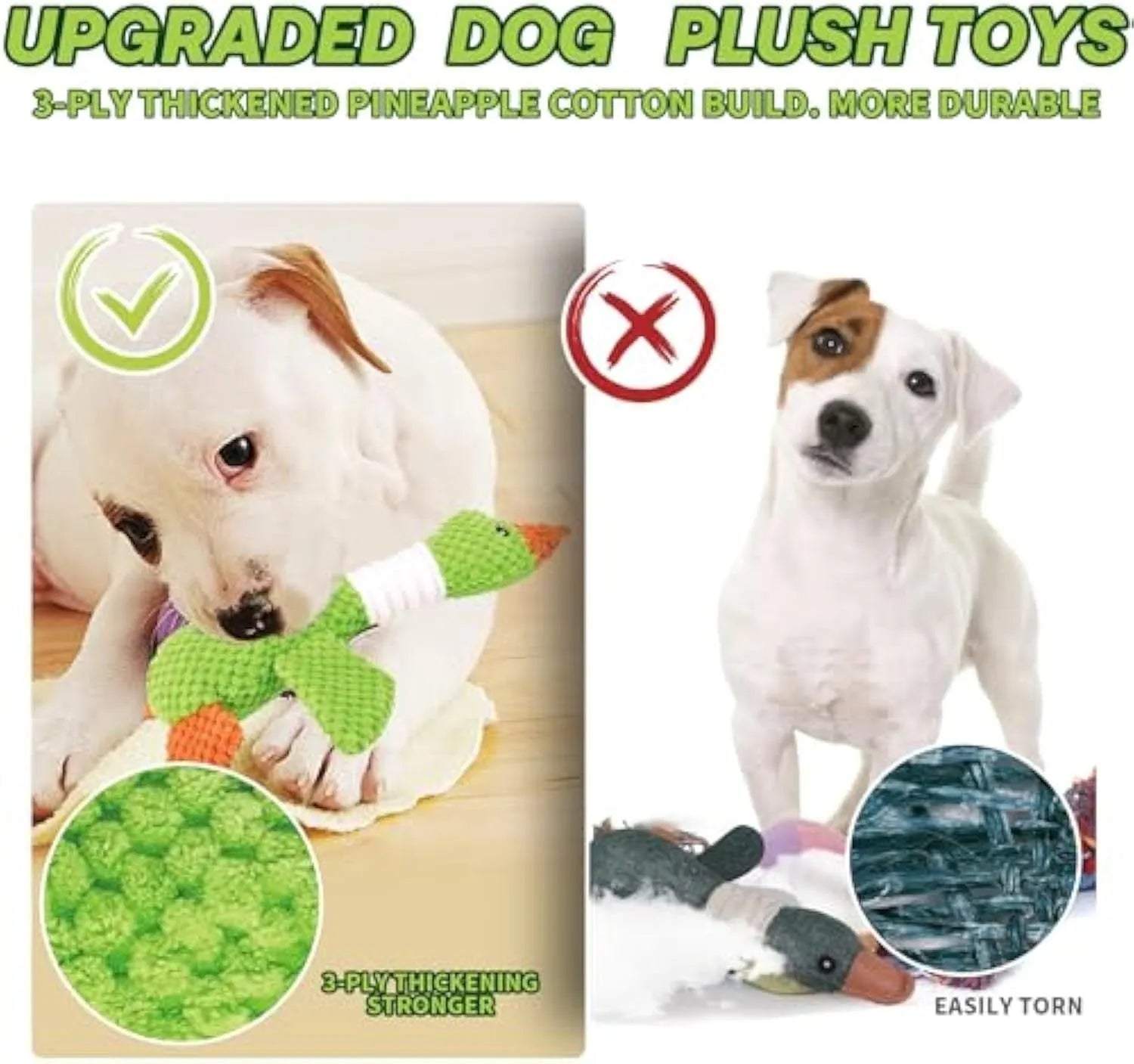 Green blue or grey durable plush duck dog chew toy with squeaker, 33 cm long.